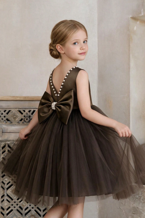 Black Pearl Trim Satin Back Bow Tulle A-Line Flower Girl Dress