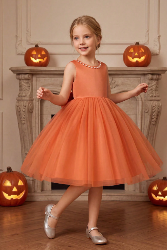 Black Pearl Trim Satin Back Bow Tulle A-Line Flower Girl Dress