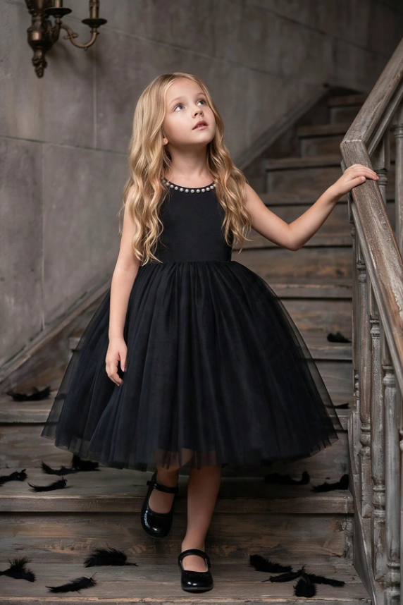 Black Pearl Trim Satin Back Bow Tulle A-Line Flower Girl Dress