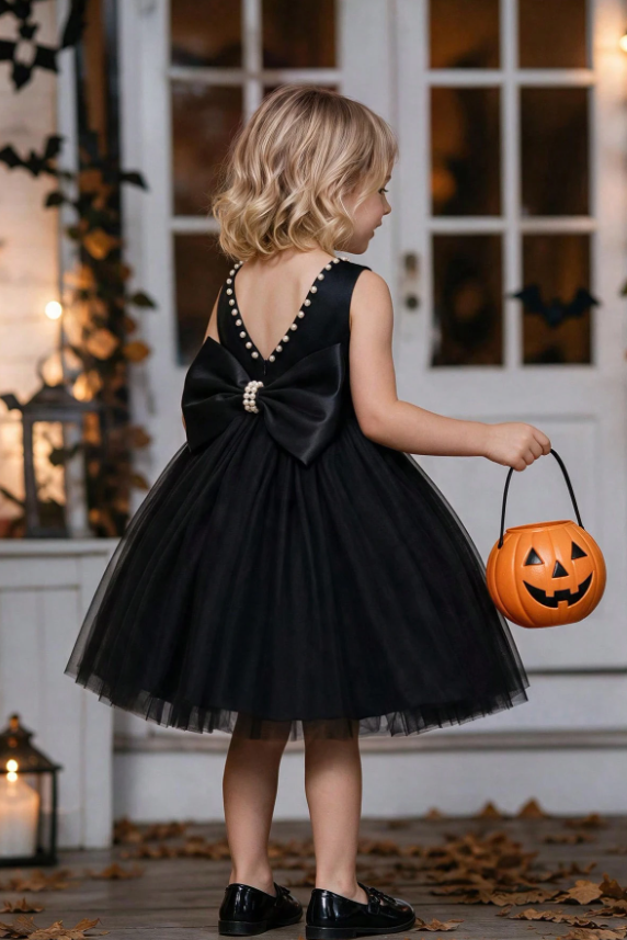 Black Pearl Trim Satin Back Bow Tulle A-Line Flower Girl Dress