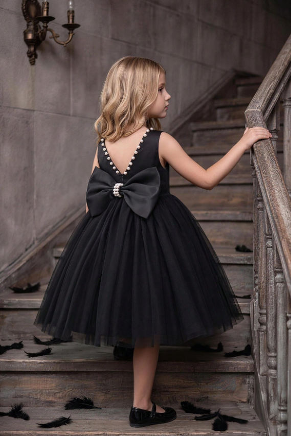 Black Pearl Trim Satin Back Bow Tulle A-Line Flower Girl Dress