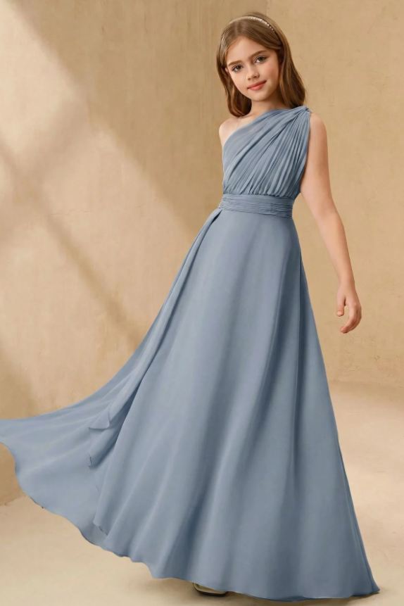 Sage Green Chiffon One Shoulder A-Line Flower Girl Dress