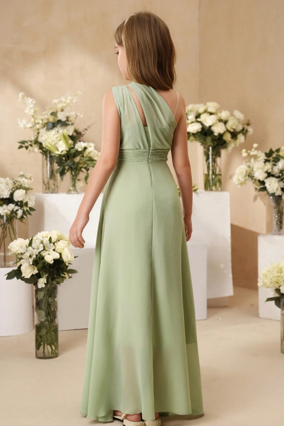 Sage Green Chiffon One Shoulder A-Line Flower Girl Dress