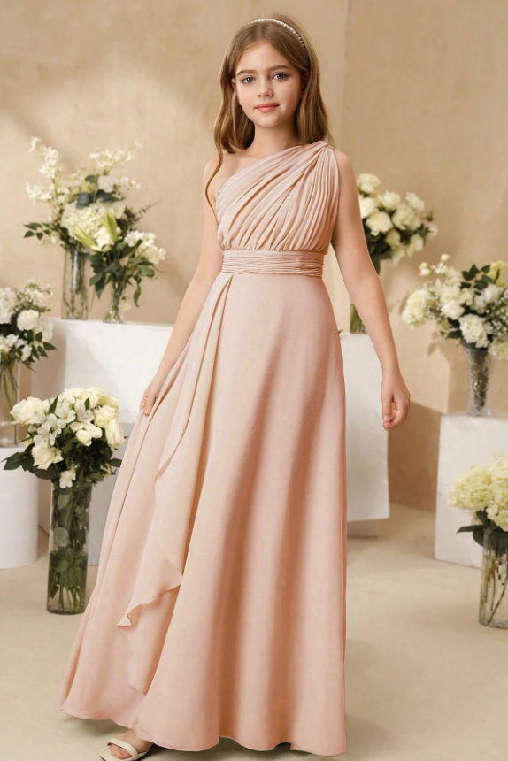 Sage Green Chiffon One Shoulder A-Line Flower Girl Dress