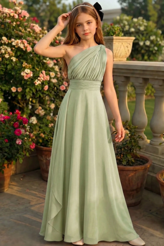Sage Green Chiffon One Shoulder A-Line Flower Girl Dress