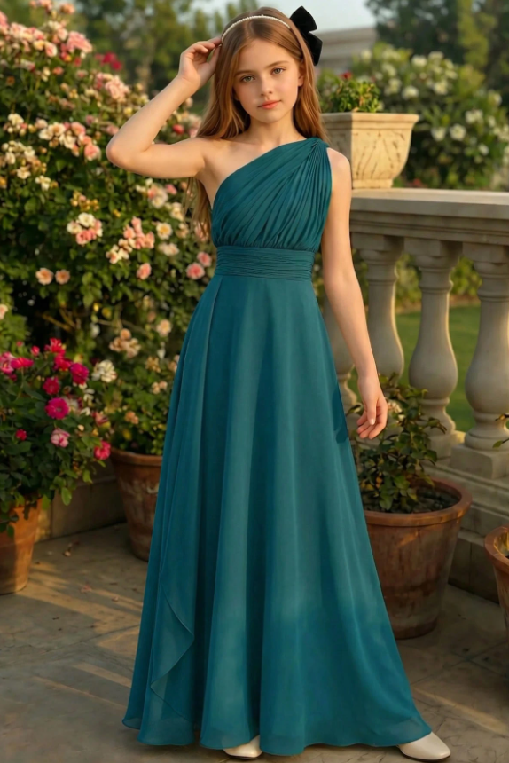 Sage Green Chiffon One Shoulder A-Line Flower Girl Dress