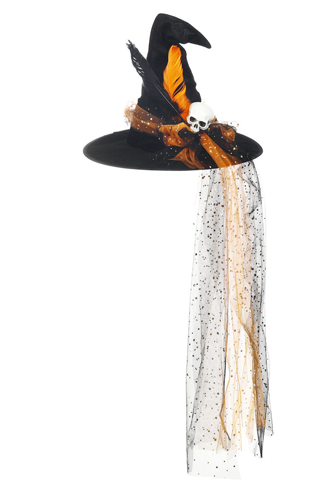 Girls Halloween Black Velvet Orange Bow Sparkling Tulle Witch Hat