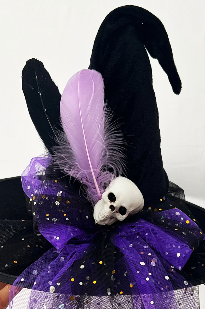 Girls Halloween Black Velvet Orange Bow Sparkling Tulle Witch Hat