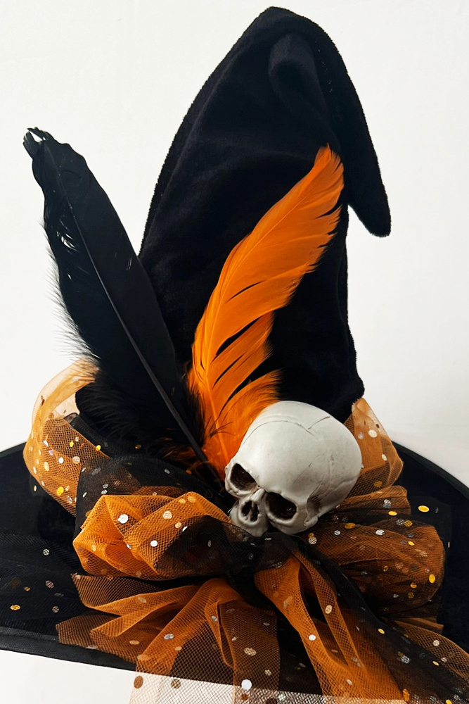 Girls Halloween Black Velvet Orange Bow Sparkling Tulle Witch Hat