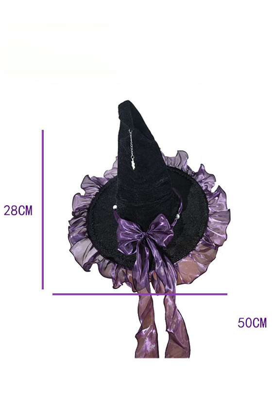 Girls Halloween Purple Organza Bow Black Velvet Star Pendant Witch Hat