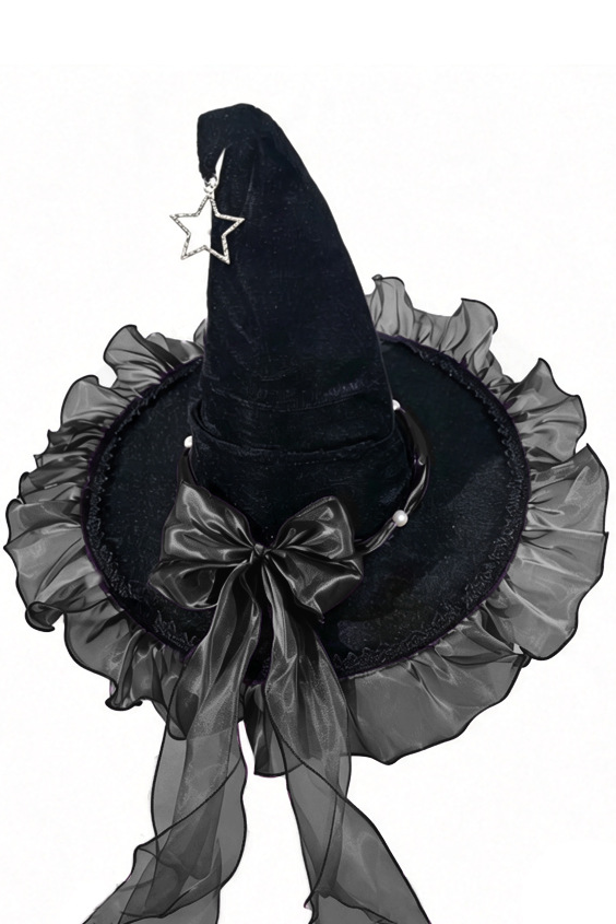 Girls Halloween Purple Organza Bow Black Velvet Star Pendant Witch Hat