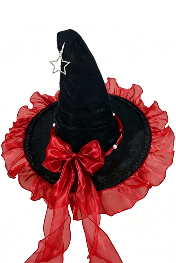 Girls Halloween Purple Organza Bow Black Velvet Star Pendant Witch Hat