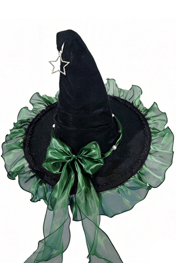 Girls Halloween Purple Organza Bow Black Velvet Star Pendant Witch Hat