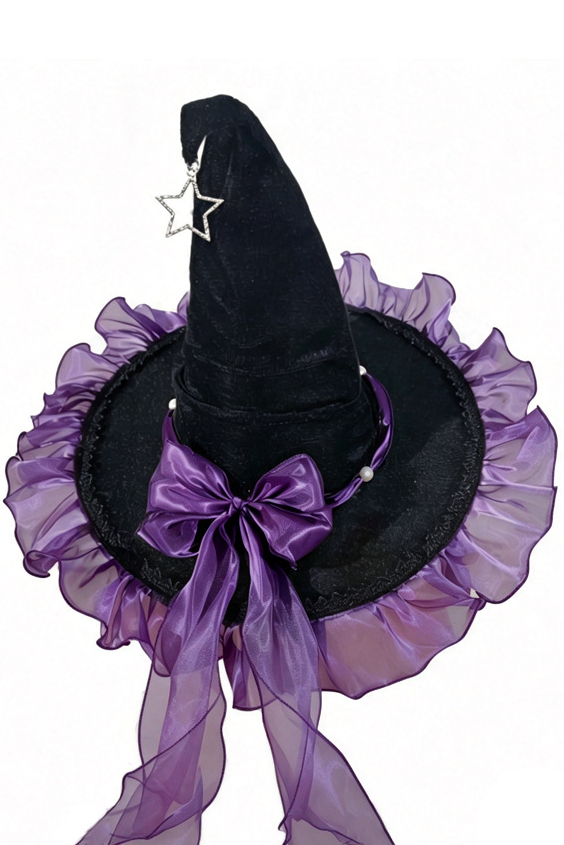 Girls Halloween Purple Organza Bow Black Velvet Star Pendant Witch Hat