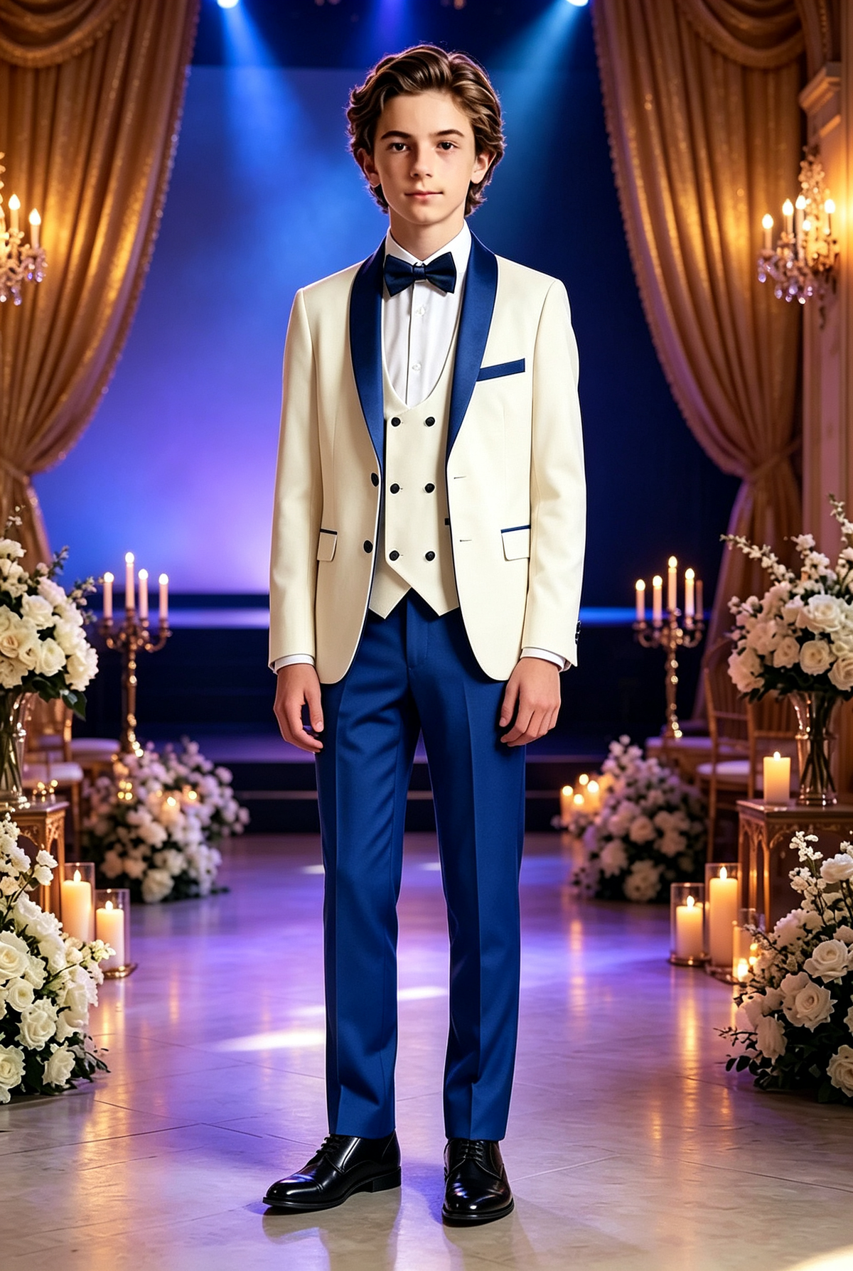 Royal Blue & Cream Blazer Double Breasted 3-Piece Suit Set