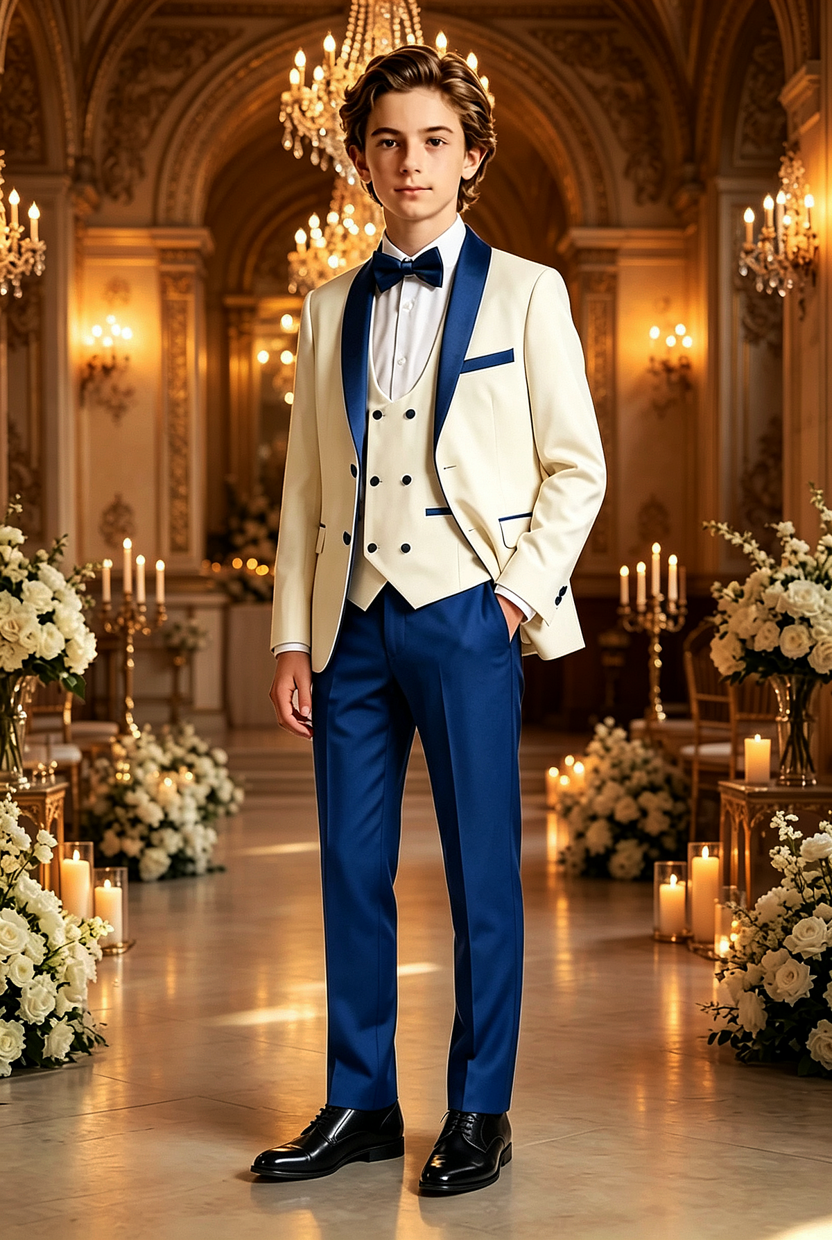 Royal Blue & Cream Blazer Double Breasted 3-Piece Suit Set