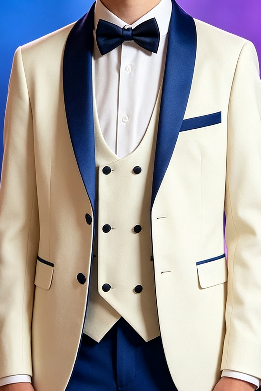 Royal Blue & Cream Blazer Double Breasted 3-Piece Suit Set