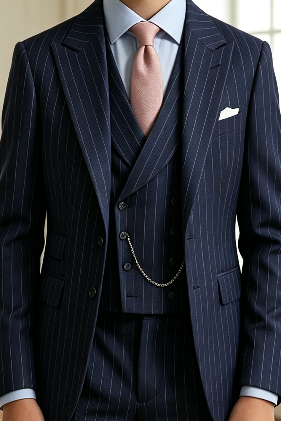 Navy Pinstripe Double Breasted 3-Piece Suit Set