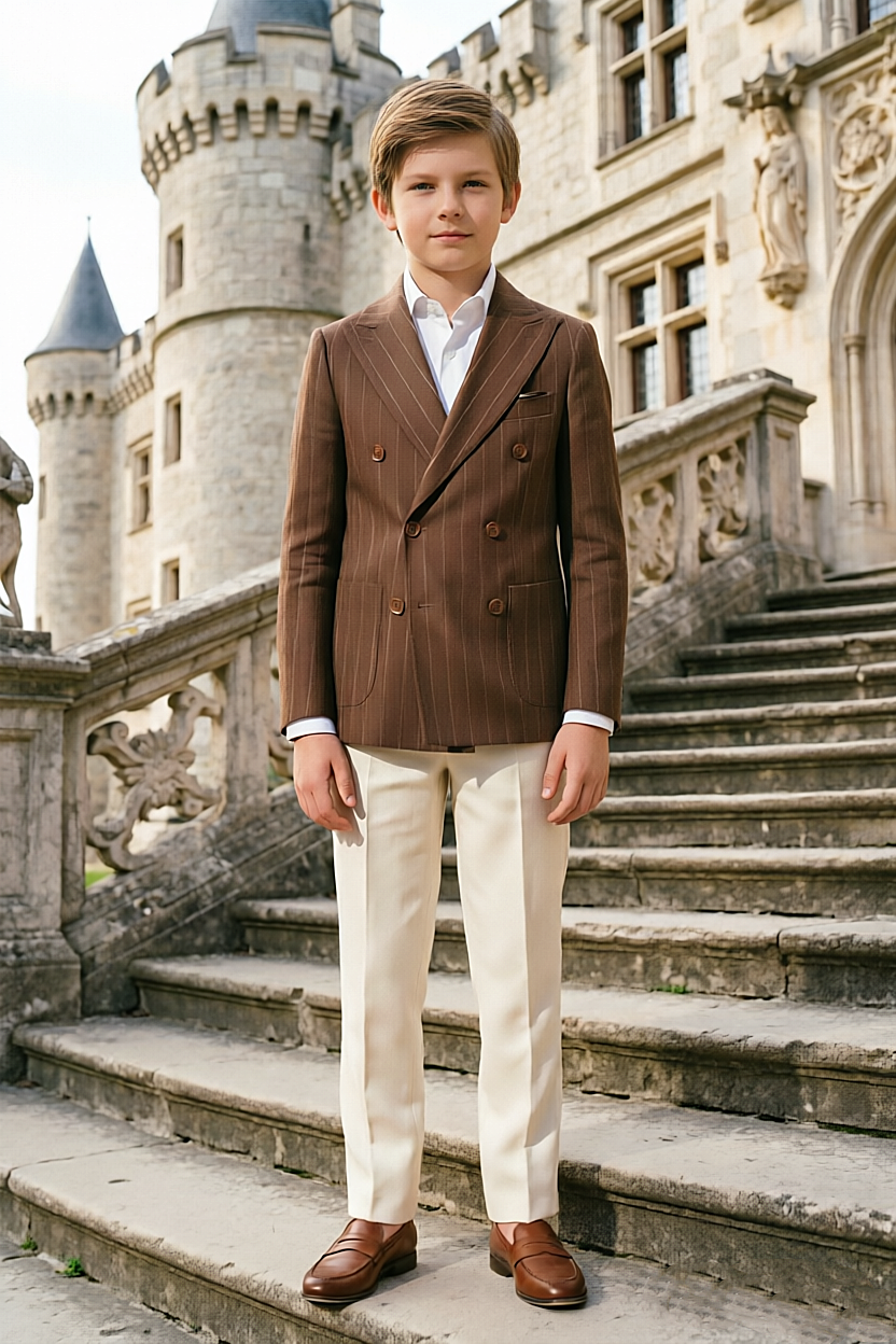 Brown & Cream Pinstripe Double Breasted 2-Piece Suit Set