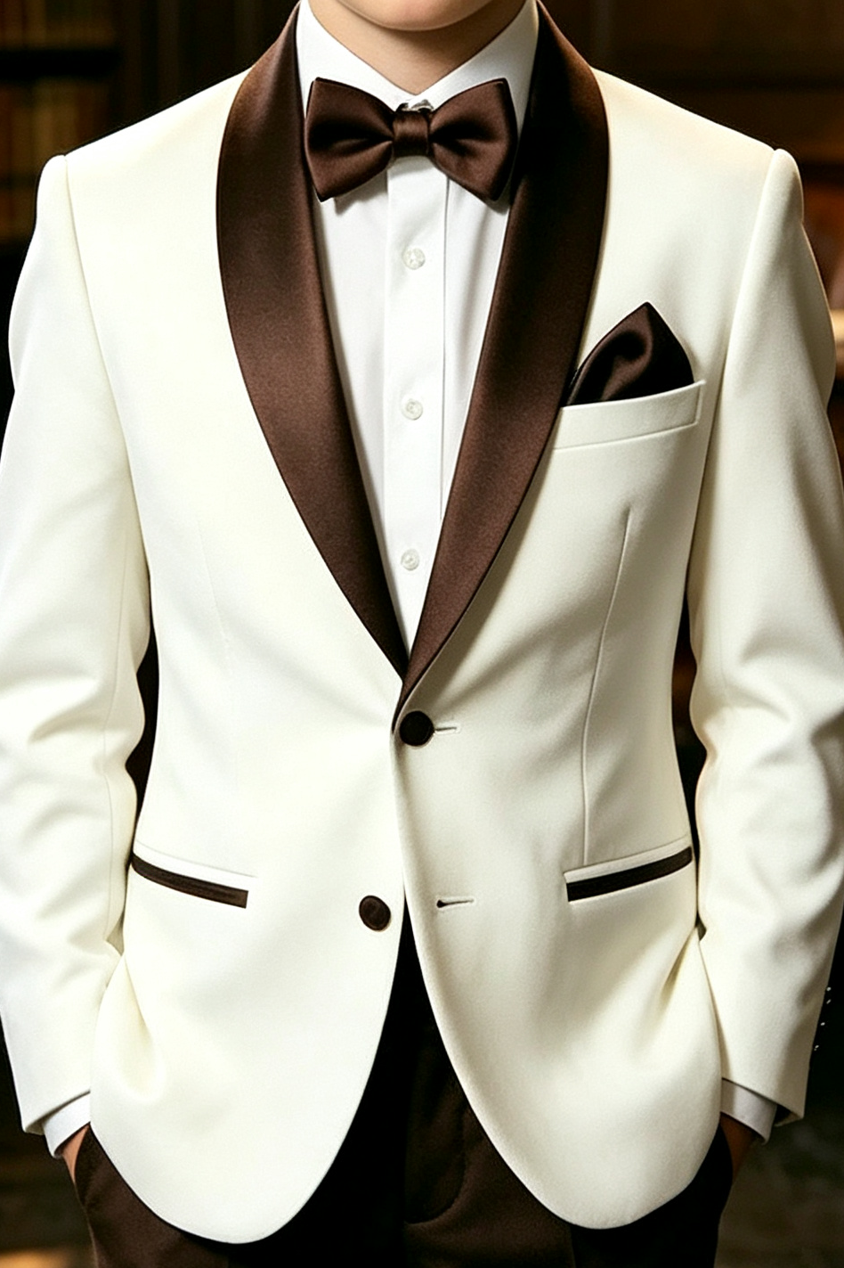 Brown & Cream Tuxedo Single Breasted Shawl Lapel 2 Piece Set