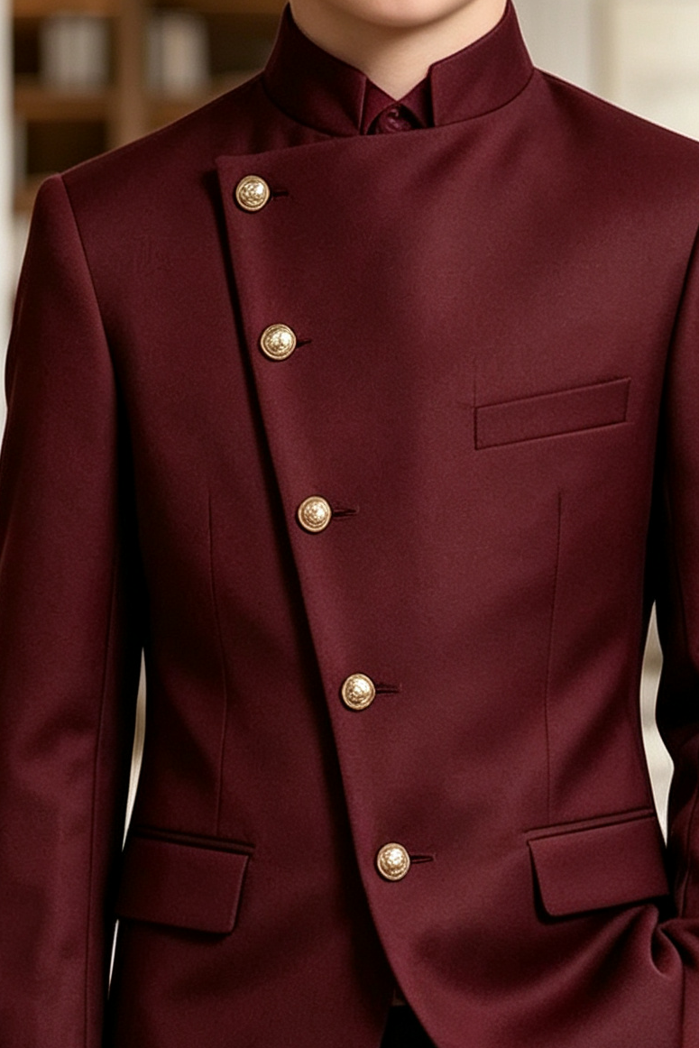 Burgundy Mandarin Collar Asymmetric Single Breasted 2-Piece Suit Set