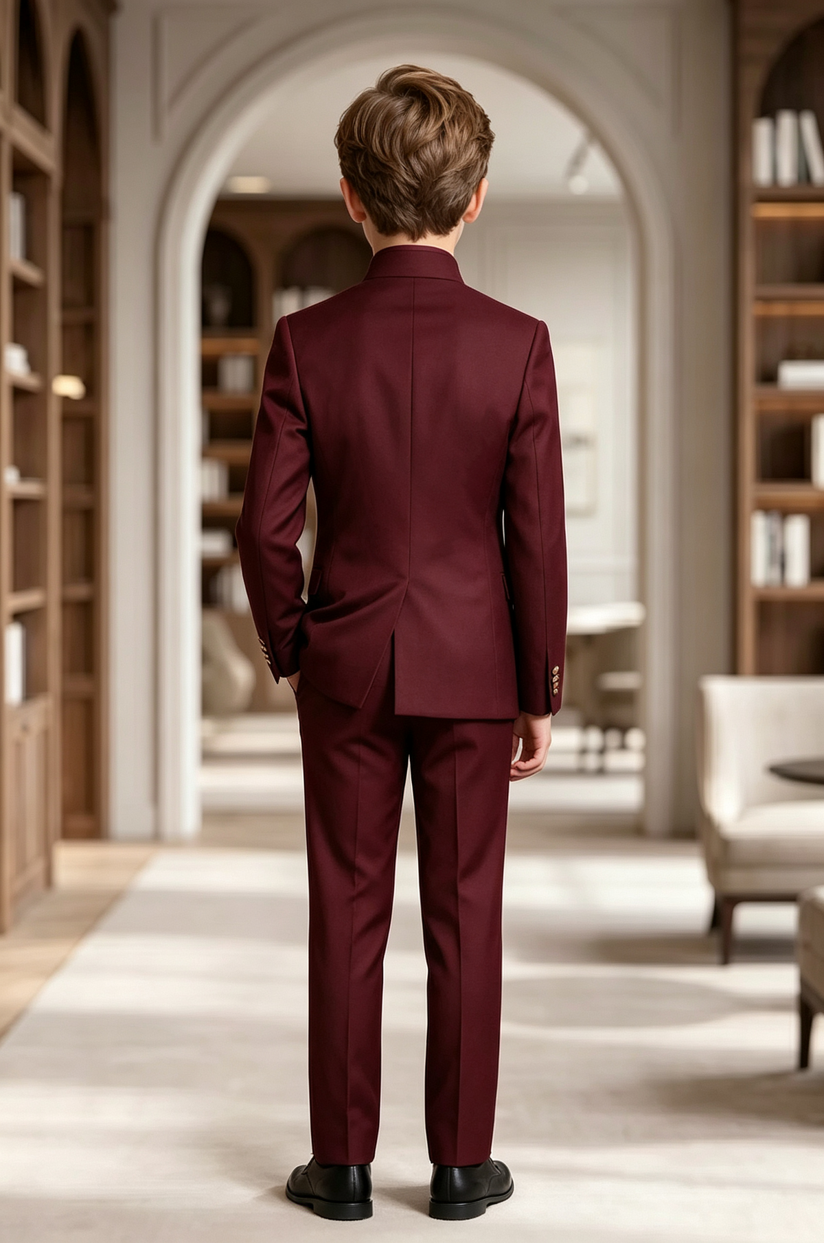 Burgundy Mandarin Collar Asymmetric Single Breasted 2-Piece Suit Set