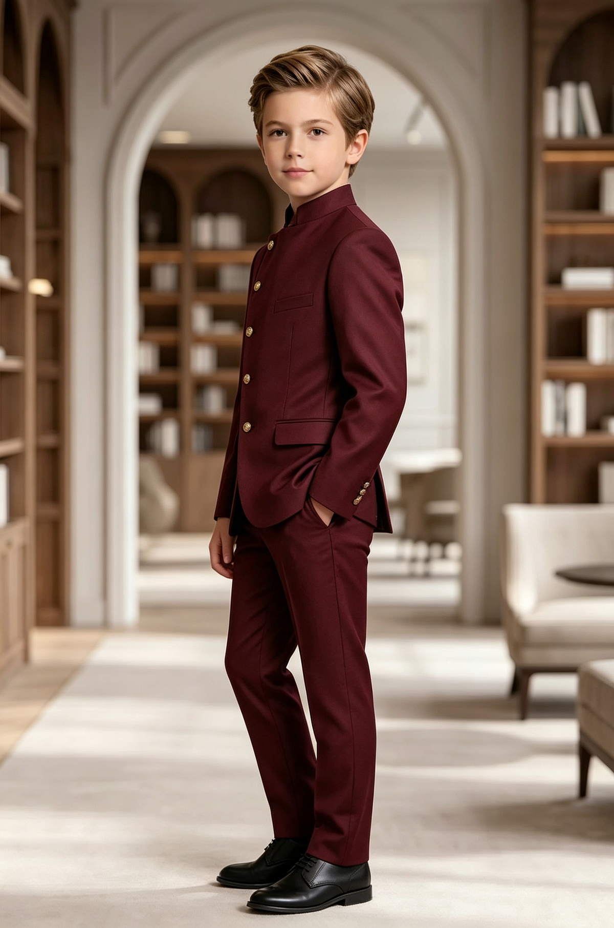 Burgundy Mandarin Collar Asymmetric Single Breasted 2-Piece Suit Set