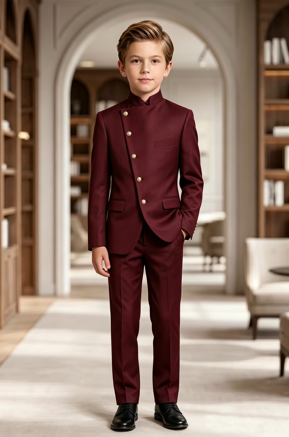 Burgundy Mandarin Collar Asymmetric Single Breasted 2-Piece Suit Set