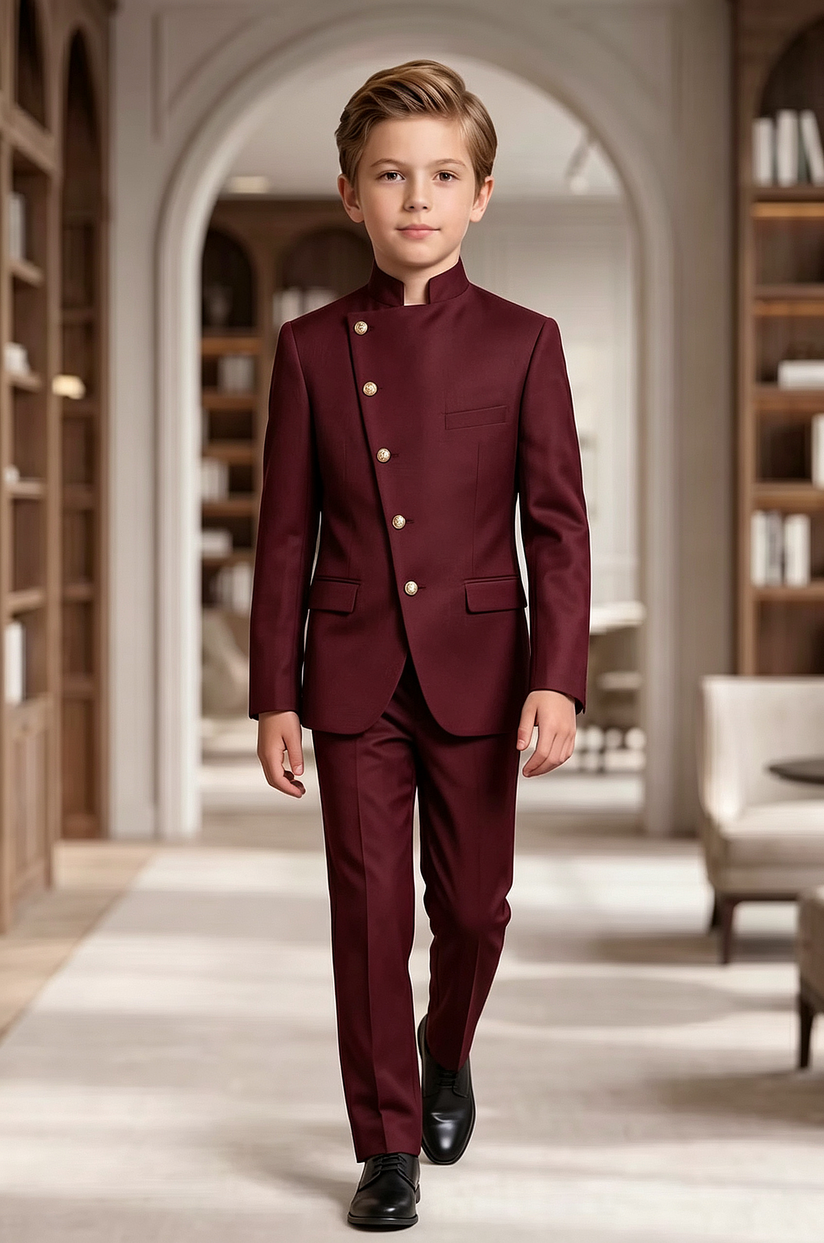 Burgundy Mandarin Collar Asymmetric Single Breasted 2-Piece Suit Set