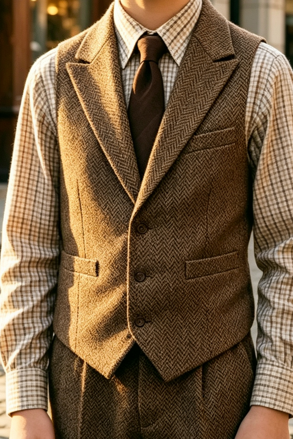 Brown Herringbone Waistcoat Single Breasted 2 Piece Set