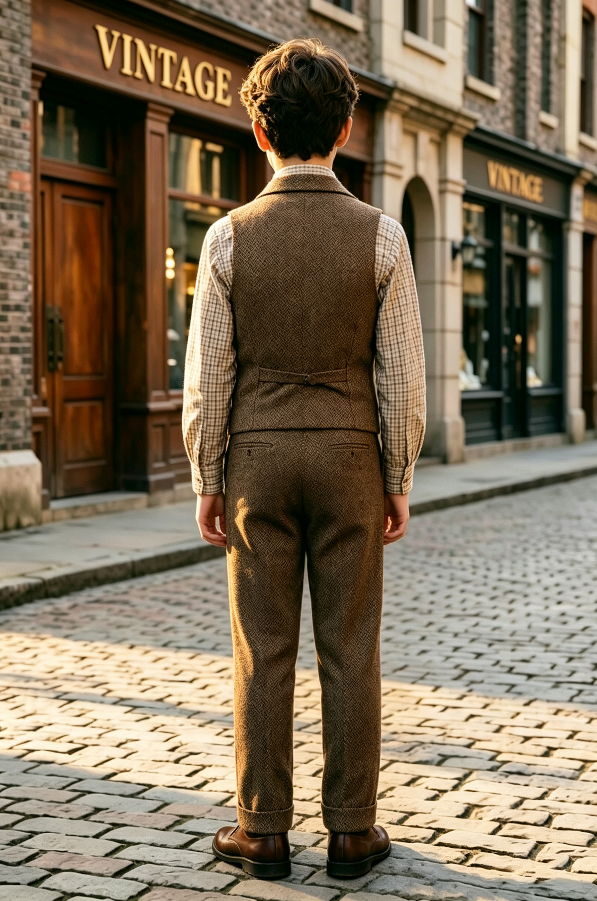 Brown Herringbone Waistcoat Single Breasted 2 Piece Set