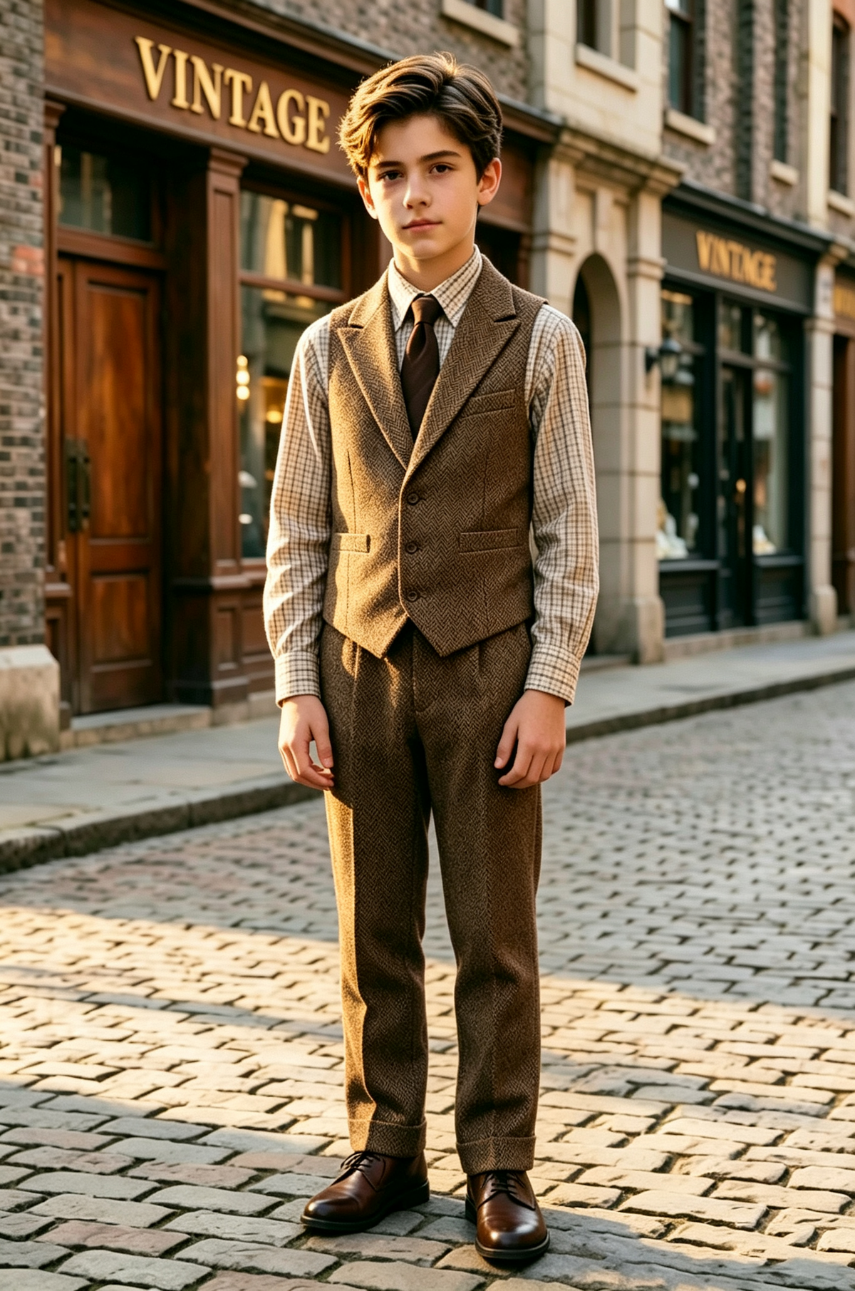 Brown Herringbone Waistcoat Single Breasted 2 Piece Set