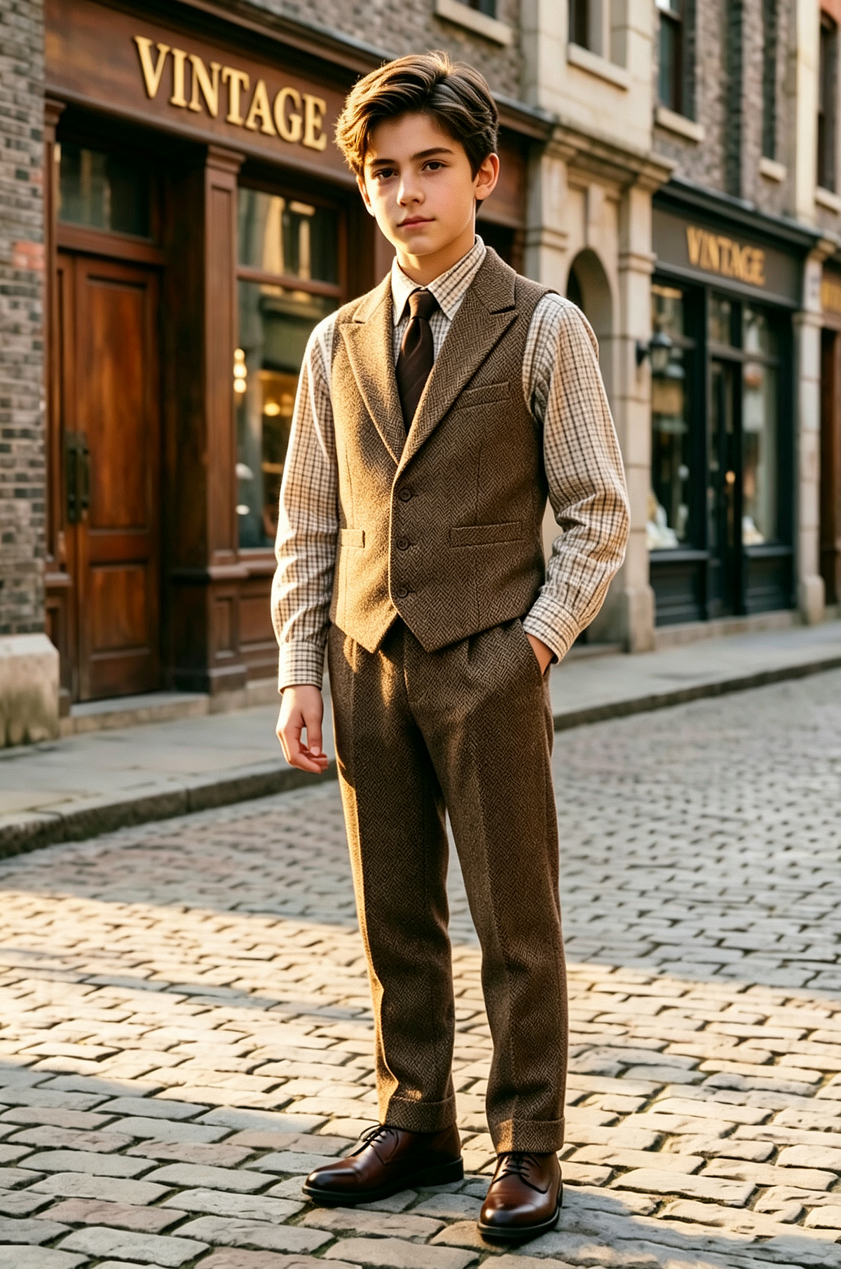 Brown Herringbone Waistcoat Single Breasted 2 Piece Set