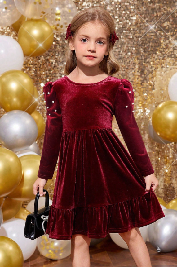 Burgundy Velvet Long Sleeve Pearl Cutout Bow Back A-Line Dress