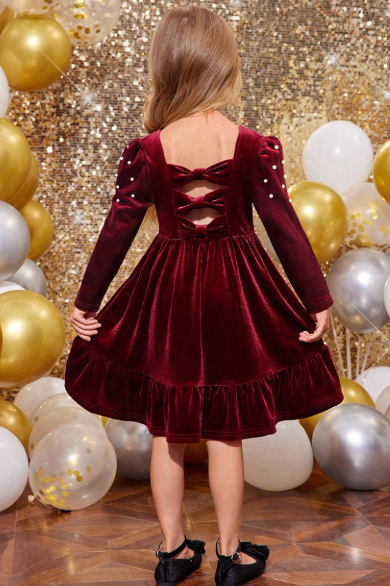 Burgundy Velvet Long Sleeve Pearl Cutout Bow Back A-Line Dress