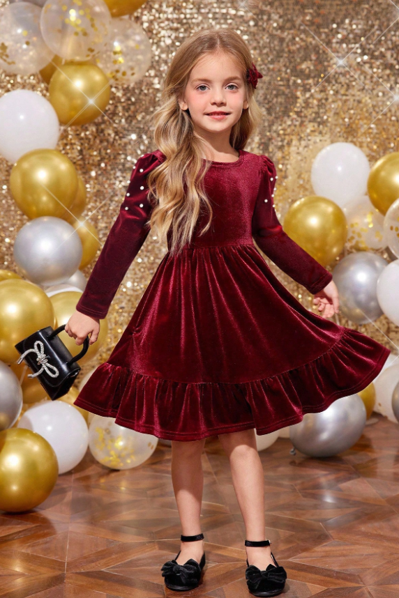 Burgundy Velvet Long Sleeve Pearl Cutout Bow Back A-Line Dress