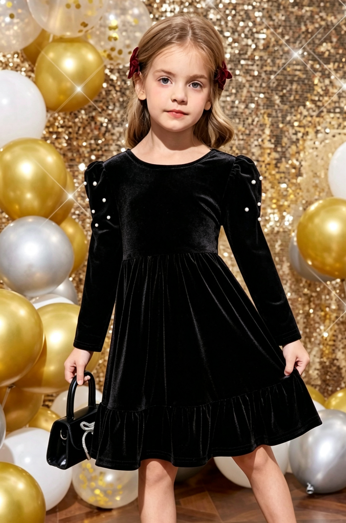 Burgundy Velvet Long Sleeve Pearl Cutout Bow Back A-Line Dress