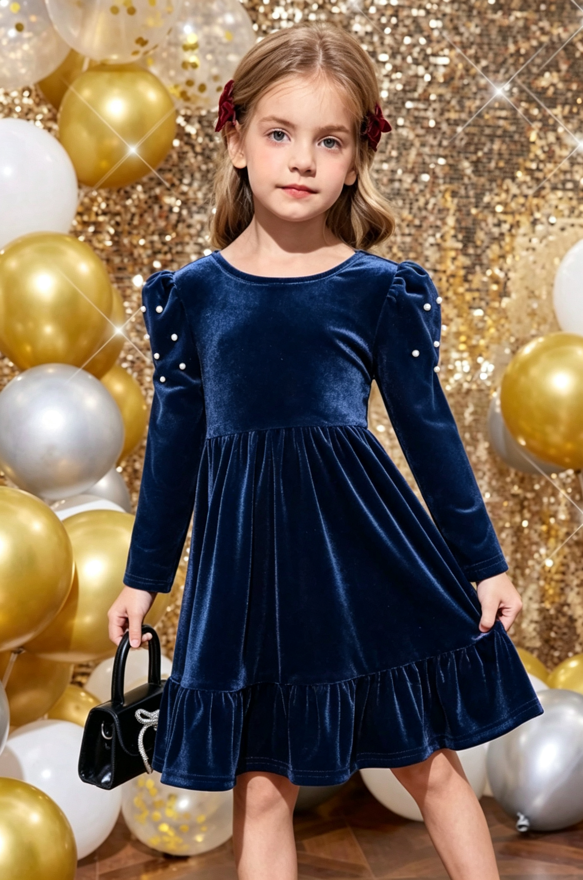 Burgundy Velvet Long Sleeve Pearl Cutout Bow Back A-Line Dress