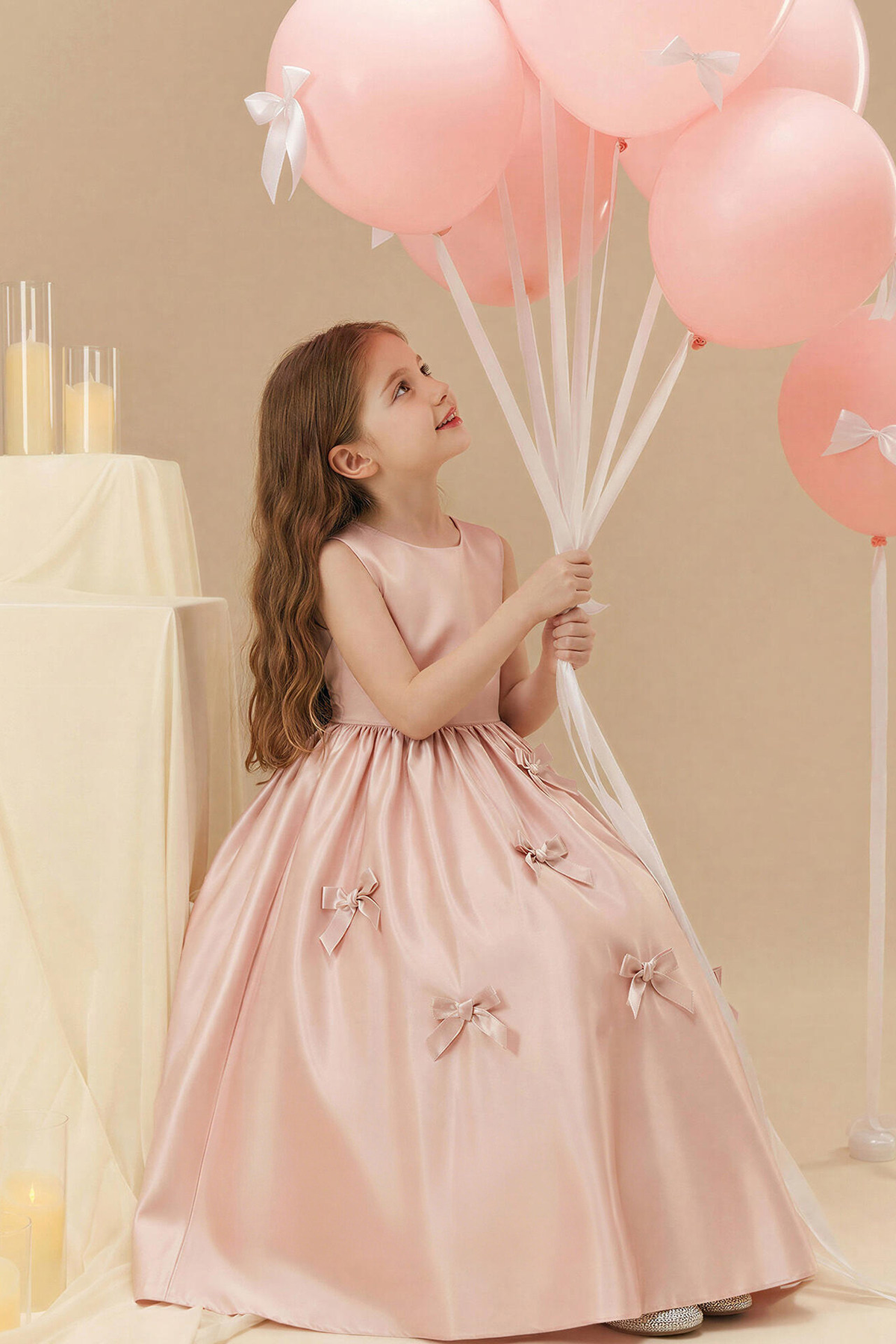 Pink Satin Sleeveless Bow A-Line Dress