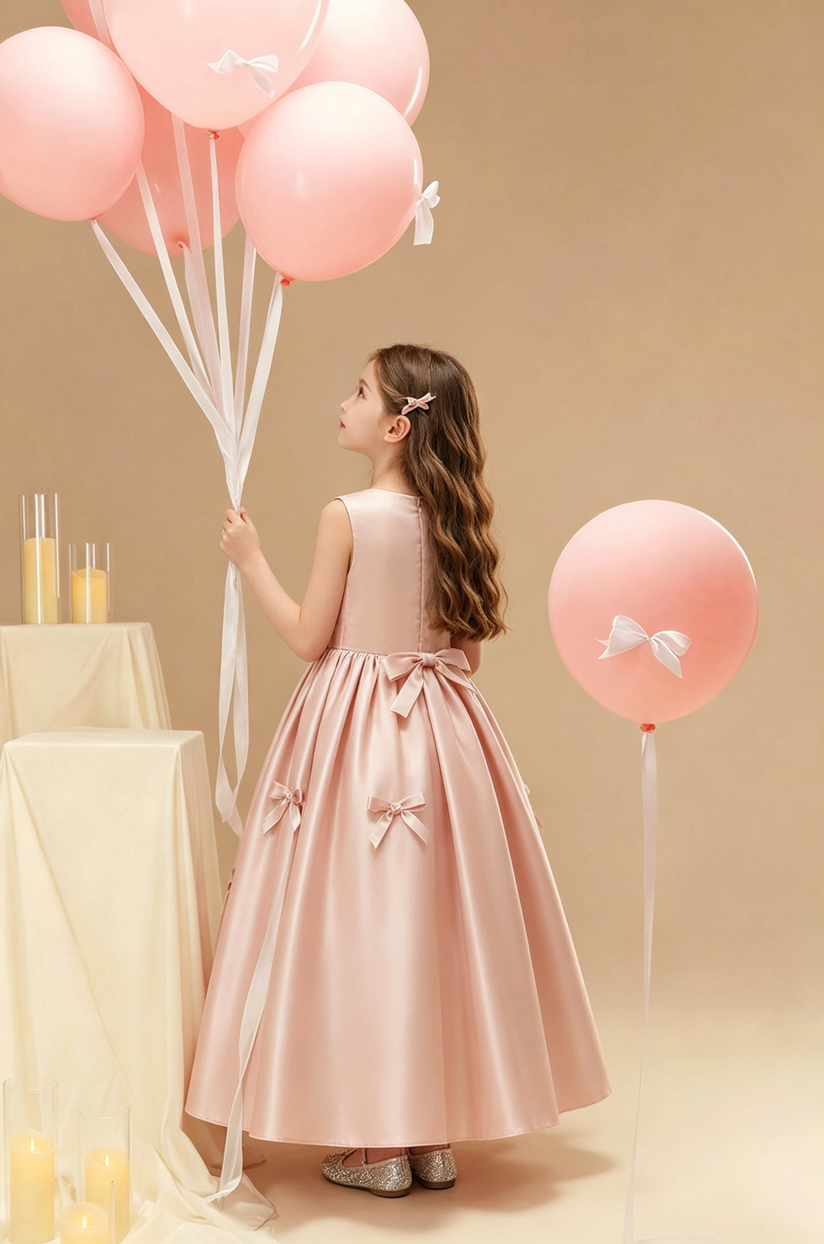 Pink Satin Sleeveless Bow A-Line Dress