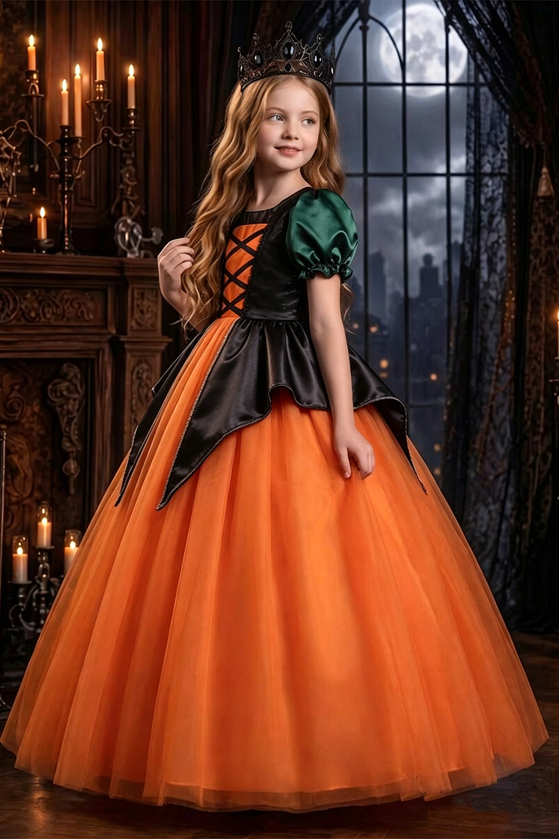 Girls Orange Tulle Princess Gown for Halloween