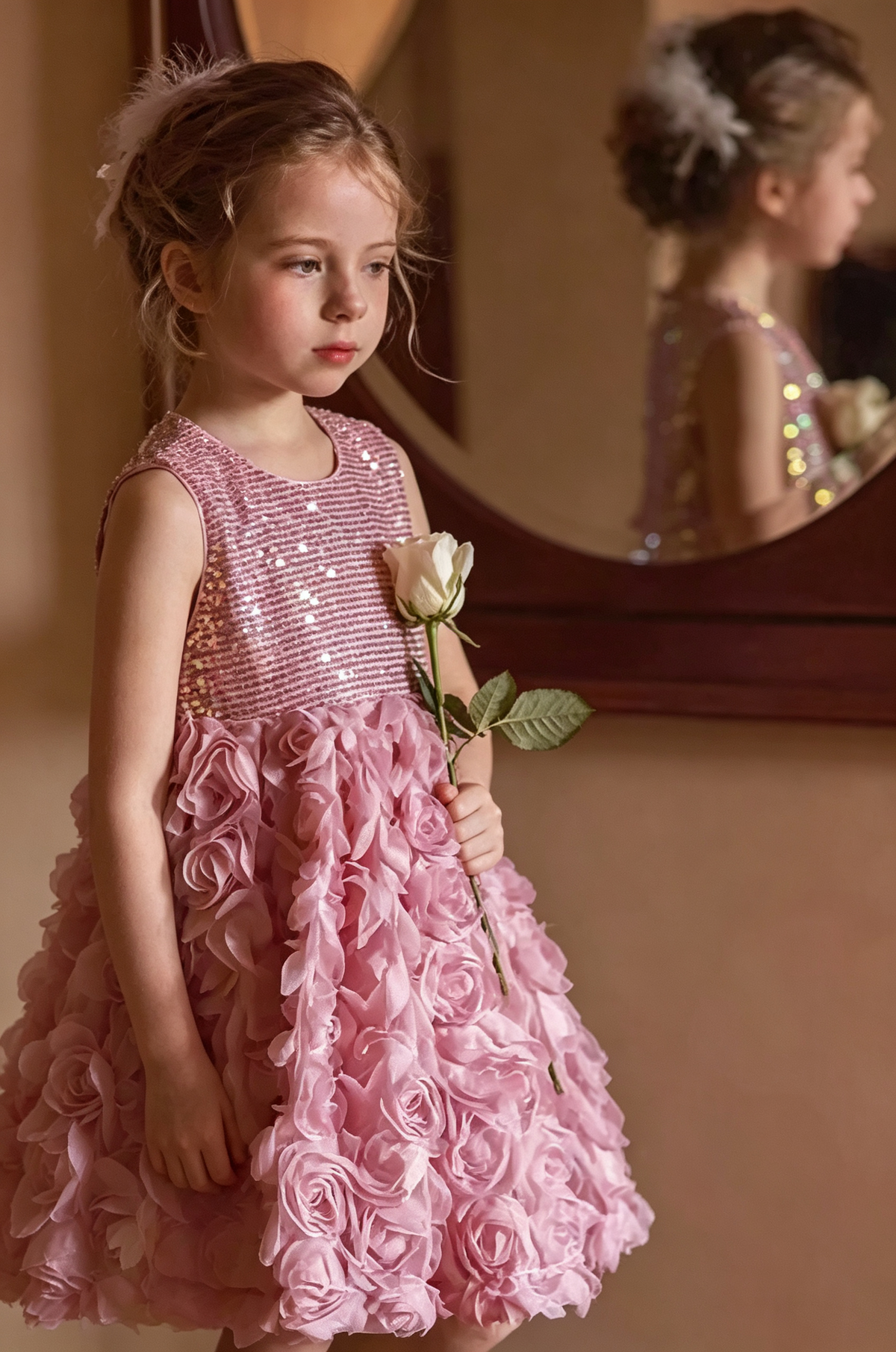 Rose Pink Sequin 3D Rose Tulle Sleeveless A-Line Dress