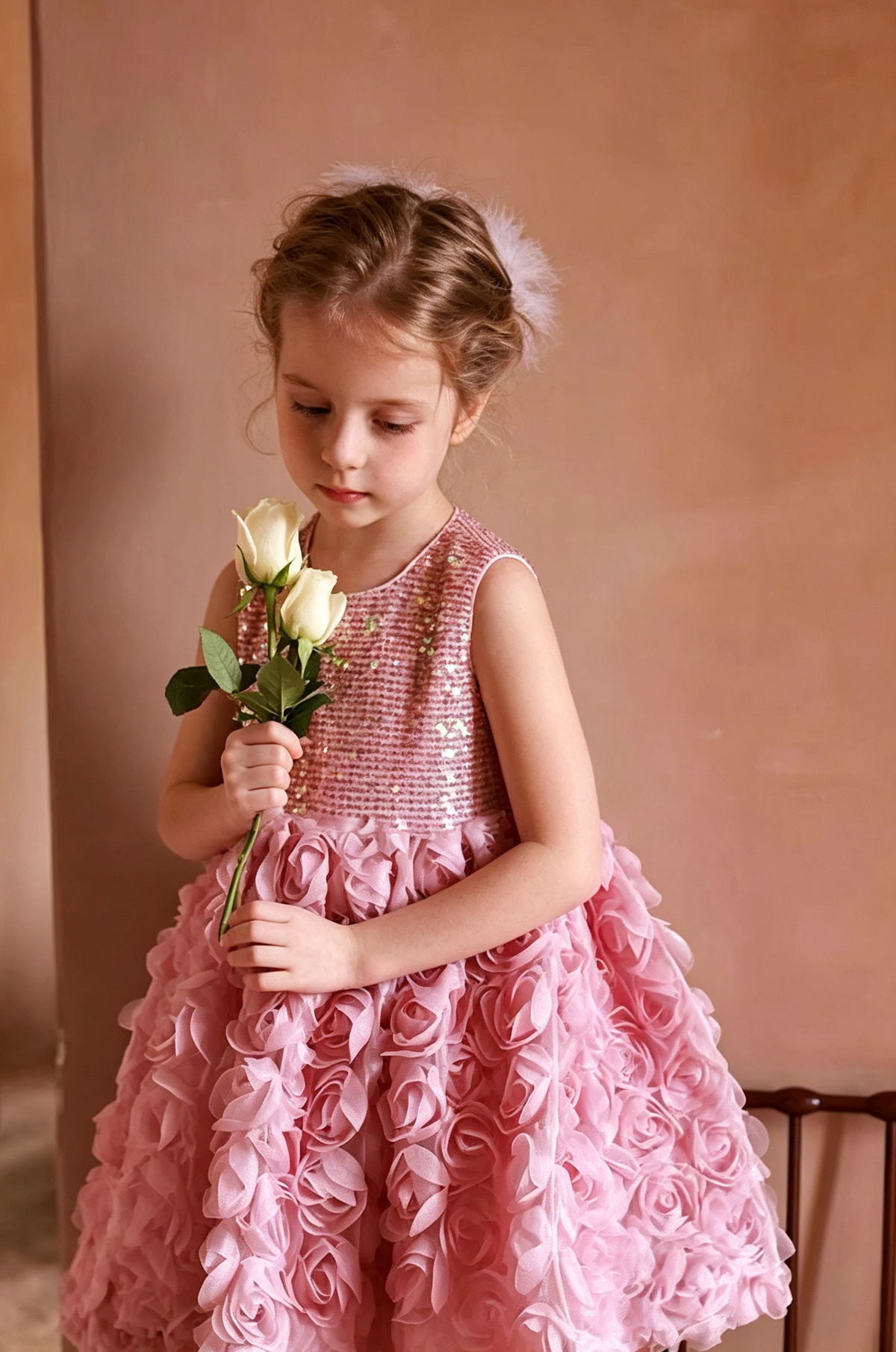 Rose Pink Sequin 3D Rose Tulle Sleeveless A-Line Dress