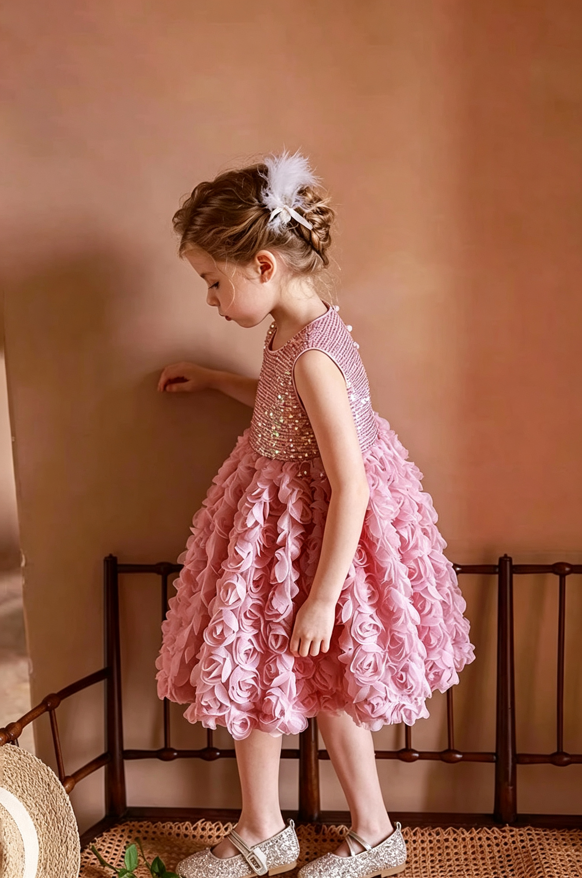 Rose Pink Sequin 3D Rose Tulle Sleeveless A-Line Dress