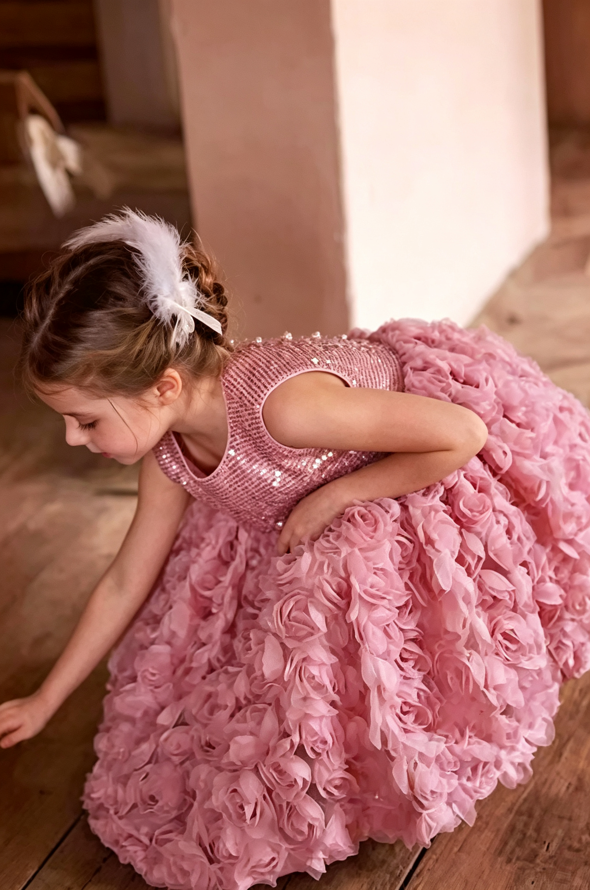 Rose Pink Sequin 3D Rose Tulle Sleeveless A-Line Dress
