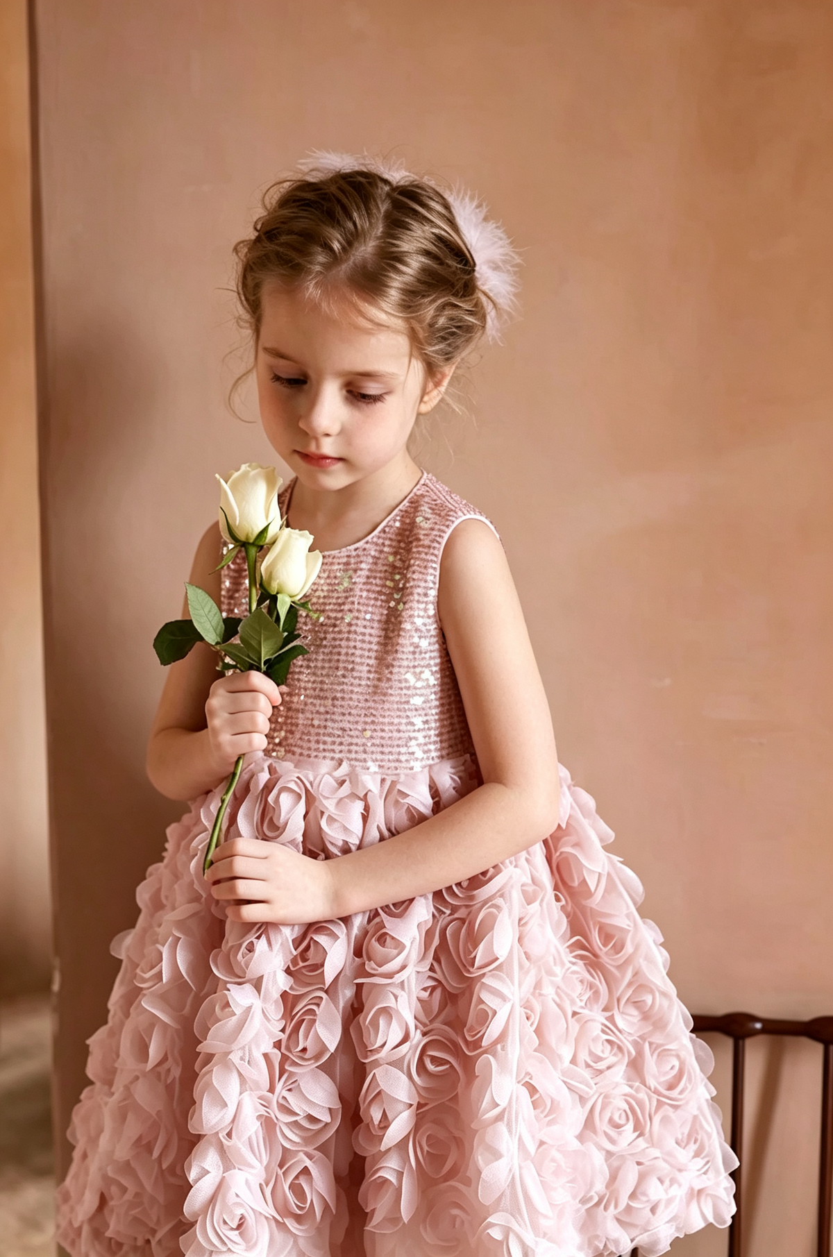 Rose Pink Sequin 3D Rose Tulle Sleeveless A-Line Dress