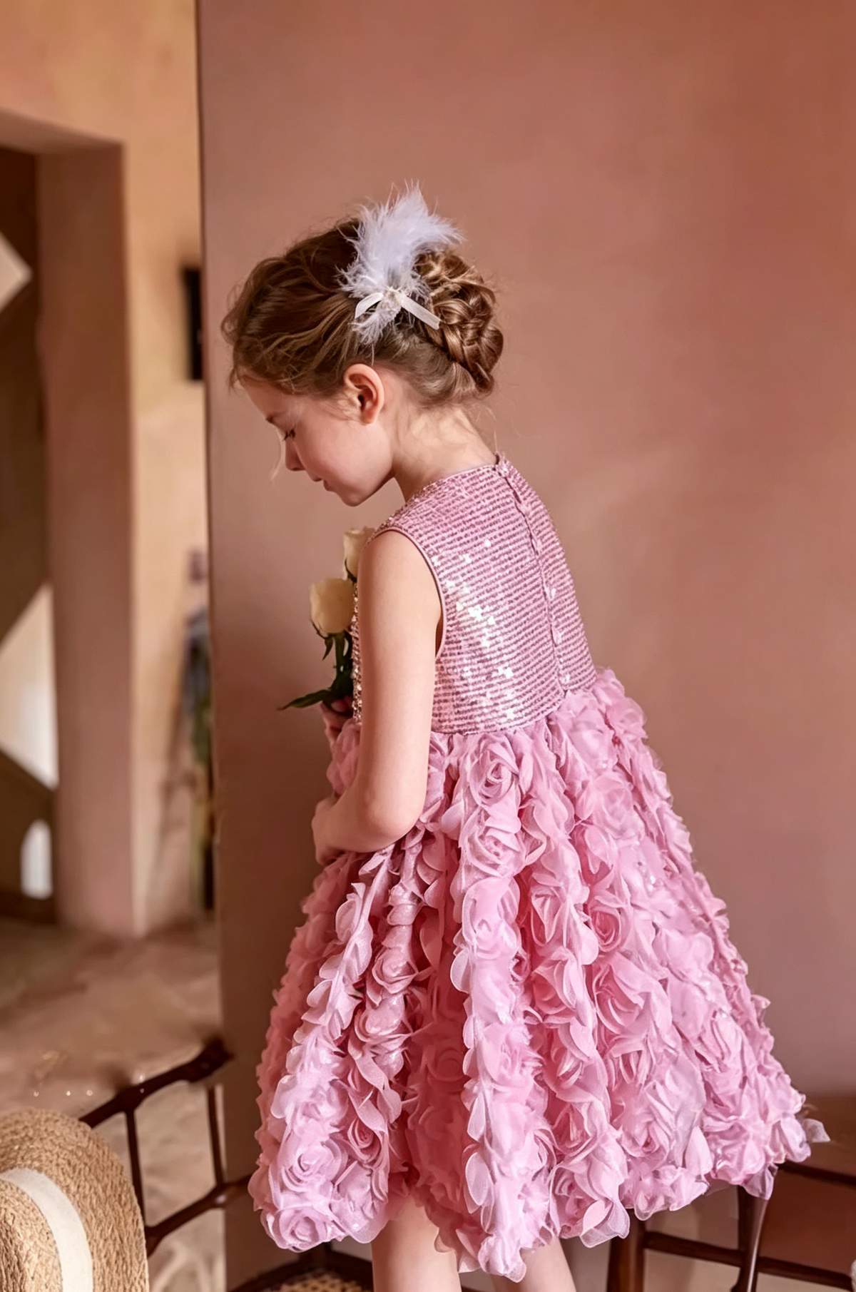 Rose Pink Sequin 3D Rose Tulle Sleeveless A-Line Dress