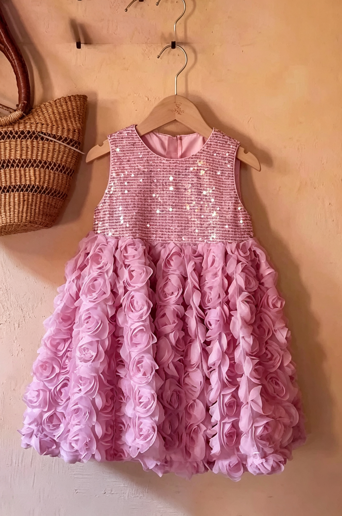 Rose Pink Sequin 3D Rose Tulle Sleeveless A-Line Dress