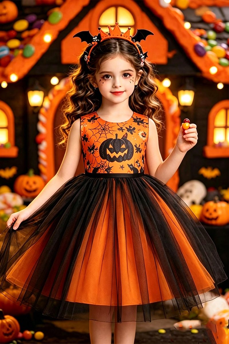 Girls Orange Printed Tulle Dress for Halloween