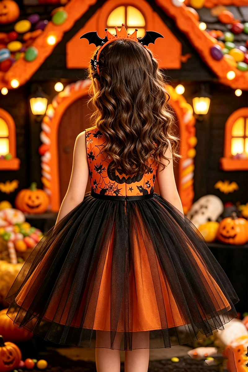 Girls Orange Printed Tulle Dress for Halloween
